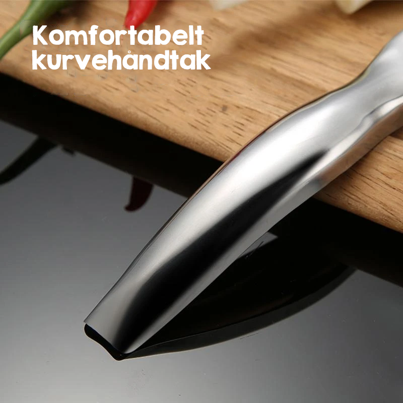 "Skarp løkkniv i rustfritt stål med ergonomisk håndtak, perfekt for grønnsakskutting på ditt kjøkken."