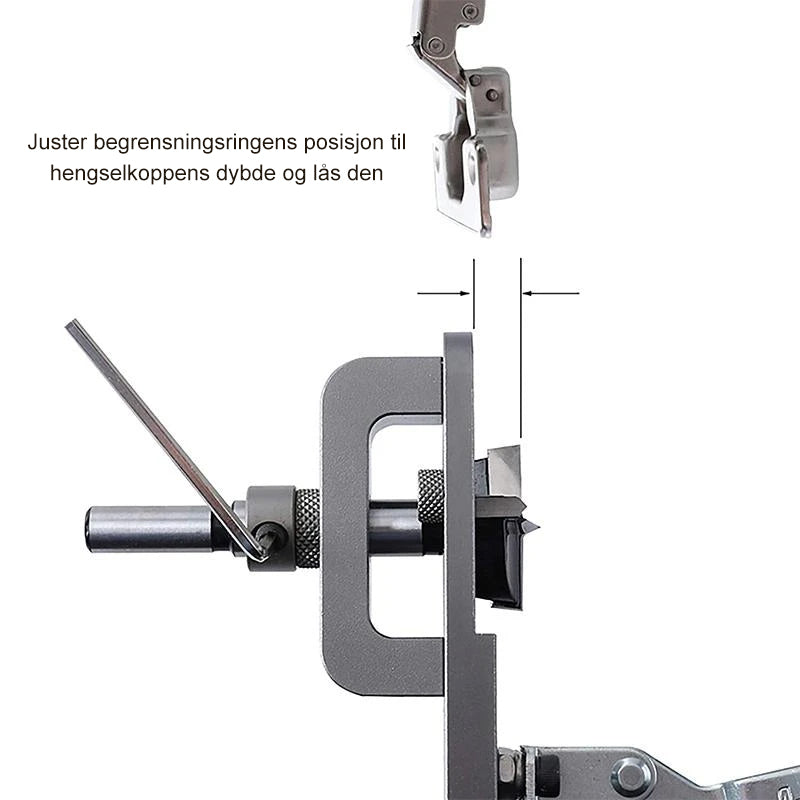 "Skjult hengseljigg for presisjon, grå aluminiumslegering, enkel montering med justerbar boredybde."