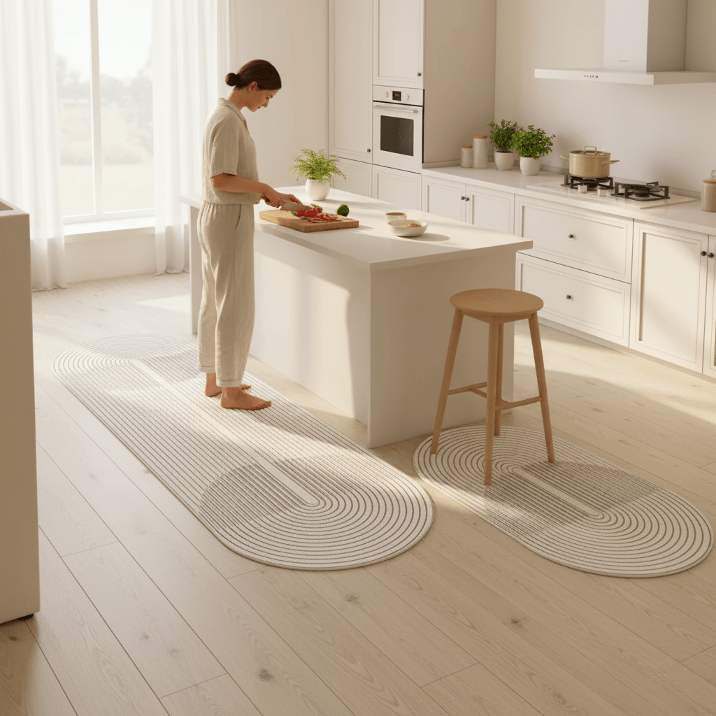 Moderne, vanntett kjøkkenmatte, lettstelt og slitesterk for kjøkkeninteriør. Perfekt hjemmedekor.