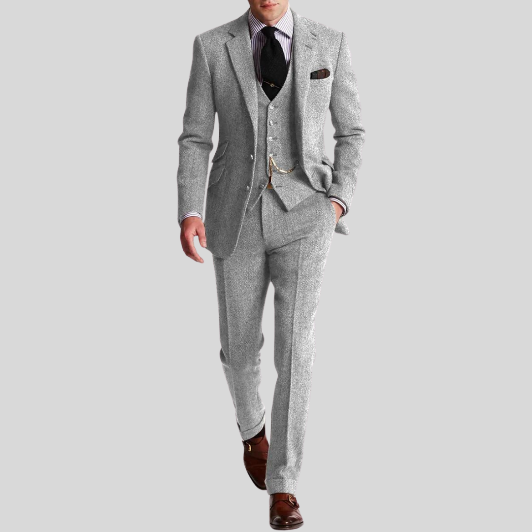 Slim-fit herredress i 3 delt ullblanding, jakke, vest, bukse; ideell for formelle anledninger, moderne og elegant stil.