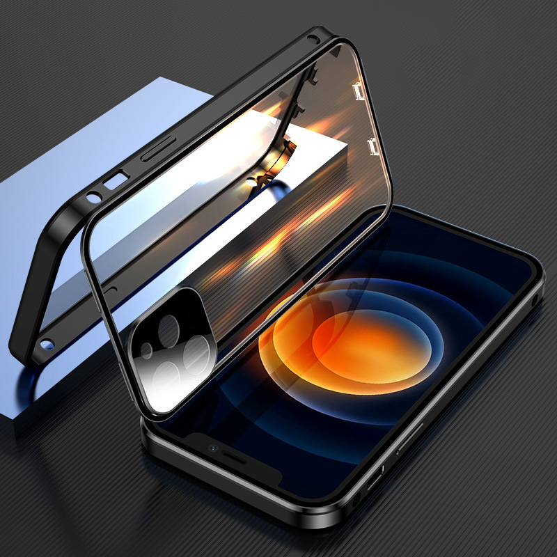 "Slitesterkt dobbeltsidig iPhone-deksel med metallfinish og eksplosjonssikkert glass for optimal beskyttelse og stil."