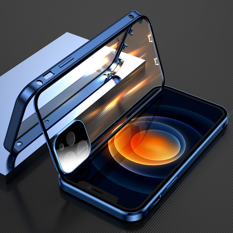 "Slitesterkt dobbeltsidig iPhone-deksel med metallfinish og eksplosjonssikkert glass for optimal beskyttelse og stil."
