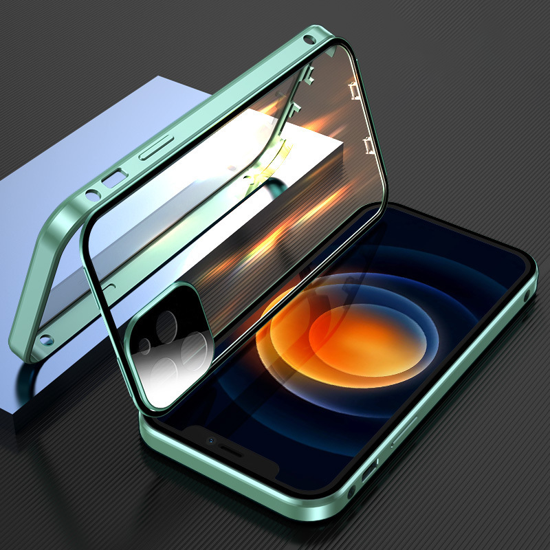 "Slitesterkt dobbeltsidig iPhone-deksel med metallfinish og eksplosjonssikkert glass for optimal beskyttelse og stil."
