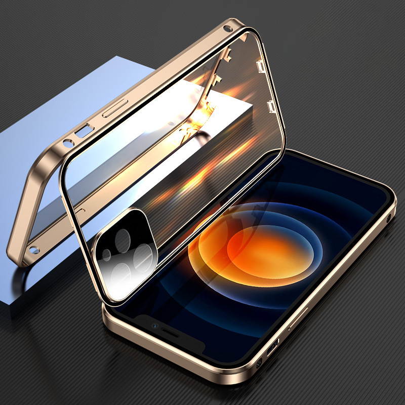 "Slitesterkt dobbeltsidig iPhone-deksel med metallfinish og eksplosjonssikkert glass for optimal beskyttelse og stil."