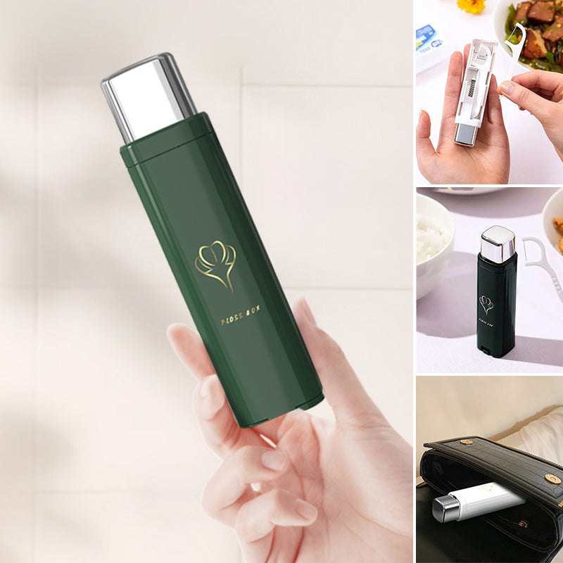 "Smart bærbar tanntråddispenser, kompakt for hygiene på farten, med plass til 8 tråder. Tilgjengelig i grønn, hvit, rosa."