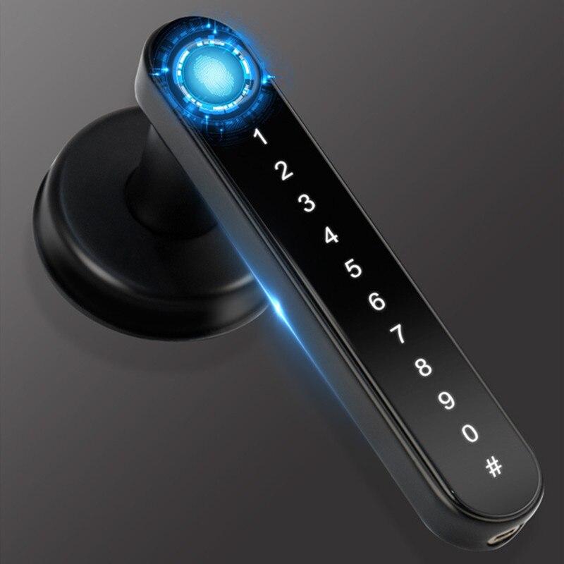 Elegant svart smartlås for ytterdør med fingeravtrykksleser. Nøkkelfri sikkerhet og design.