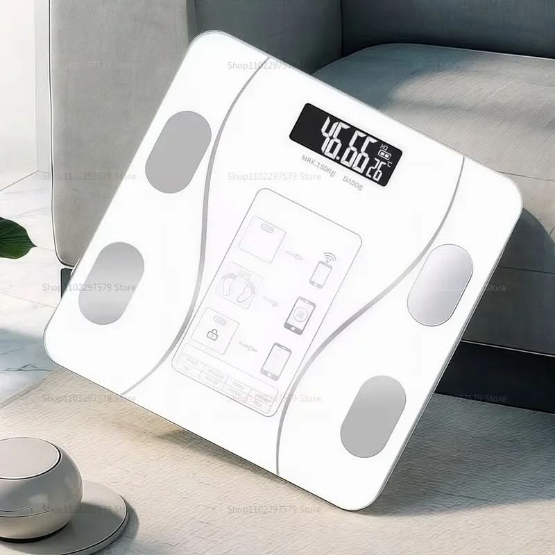 Bilde av smartvekt for kroppsanalyse, apptilkobling, med fokus på elegant design og tynne sensorer