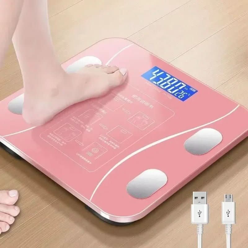 Illustrasjon som viser hvordan smart kroppsanalysevekt måler vekt, BMI, muskelmasse og vanninnhold