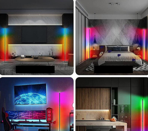 Moderne LED RGB-gulvlampe som forvandler rommet med stemningslys. Fargerik interiørdekor og lysdesign.