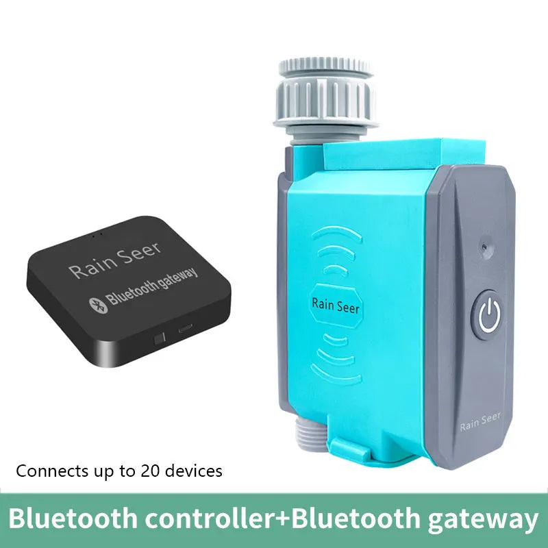 Nærbilde av smart vanntimer montert på utekran. Automatisk hagevanning med WiFi og Bluetooth for en frodig hage.