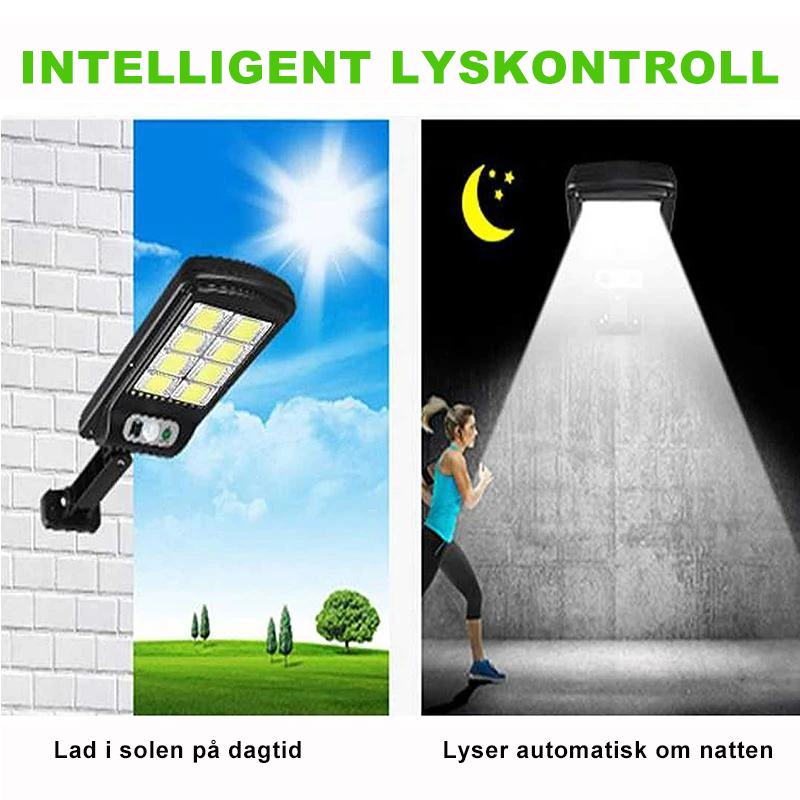 "Solcelledrevet LED-lys med høy lysstyrke lyser opp hage om natten; tåler vær, enkel montering, miljøvennlig."