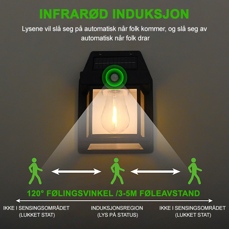 Solcelledrevet utendørs vegglampe med LED, robust metallkropp, smart sensor, IP65, ideell for terrasser og hager.