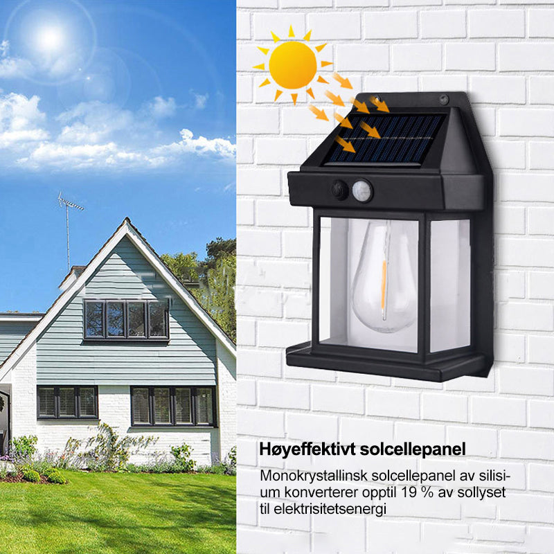 Solcelledrevet utendørs vegglampe med LED, robust metallkropp, smart sensor, IP65, ideell for terrasser og hager.
