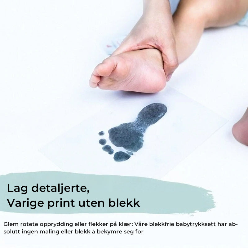 "Søle-fritt baby avtrykksett: Trygg, enkel minnebevaring av babyens hånd- og fotavtrykk i klare farger."