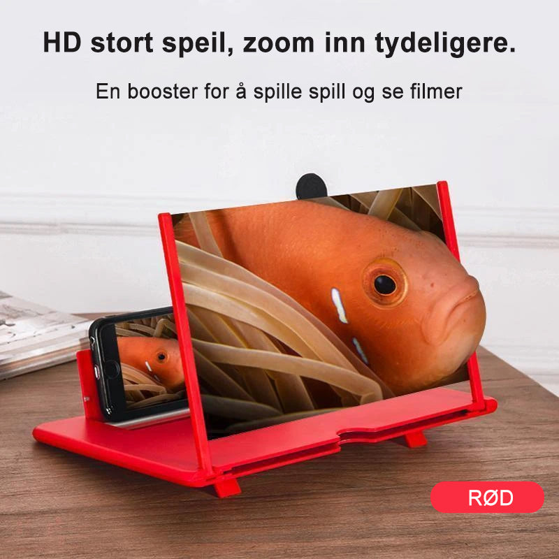 "Solid 3D telefonskjermforsterker i ABS-plast med Fresnel-linse for forstørret visning, tilgjengelig i flere farger."