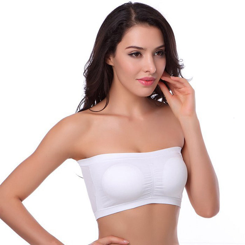"Sømløs støttende bandeau-BH med elastisk materiale, pustende design, uten spiler i beige, svart, hvit, lysegrå."