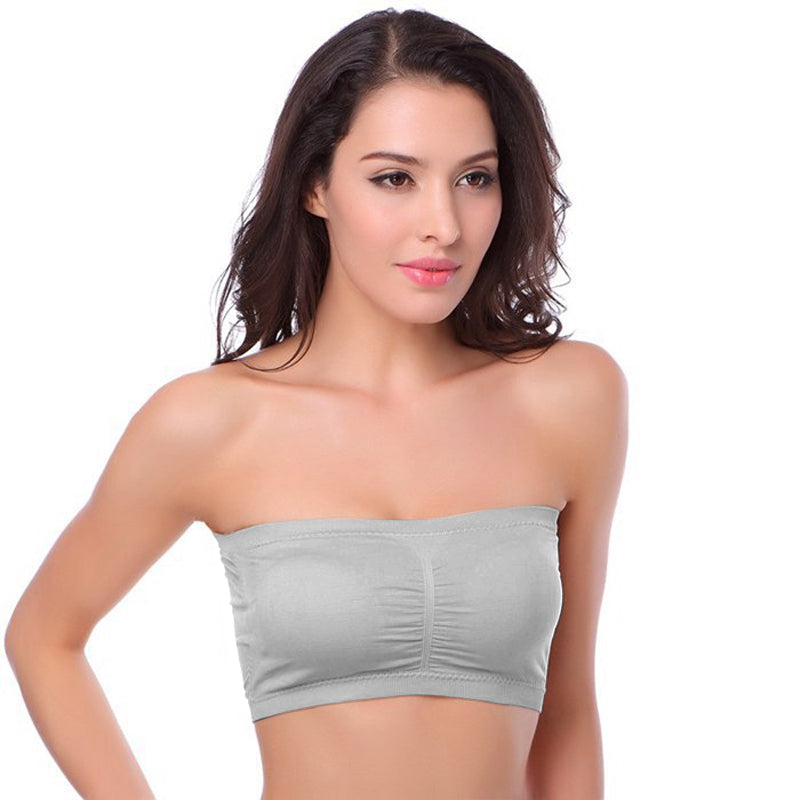 "Sømløs støttende bandeau-BH med elastisk materiale, pustende design, uten spiler i beige, svart, hvit, lysegrå."