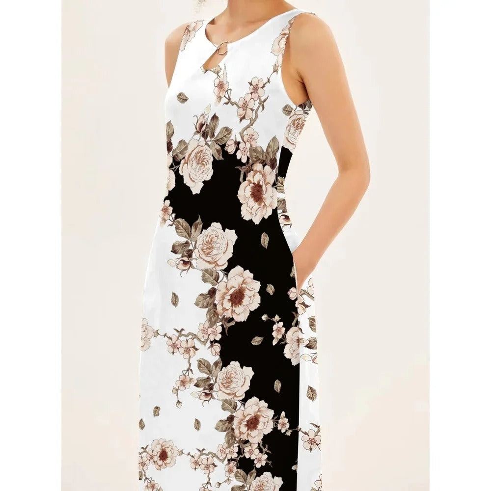 Floral feriekjole for kvinner, bohem og ermeløs. En komfortabel og elegant sommerkjole.