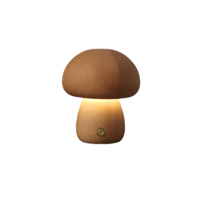 "Soppformet oppladbar bordlampe i tre med LED-lys, laget av bøk eller valnøtt. Gir varmt, behagelig lys."