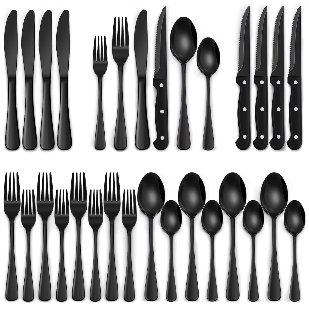 Sort 24-delers bestikksett med moderne design, perfekt for 4 personer og elegant borddekking.