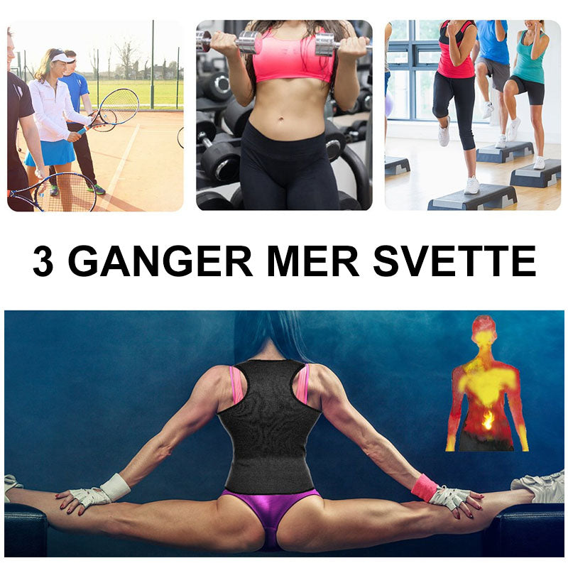 "Sort svettevest for kvinner, slankende effekt, spandex-polyuretan stoff, formtilpasset design for maksimal svetteeffekt."