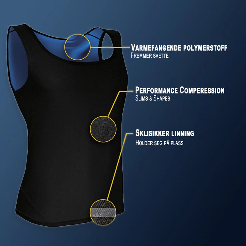 "Sort svettevest for kvinner, slankende effekt, spandex-polyuretan stoff, formtilpasset design for maksimal svetteeffekt."