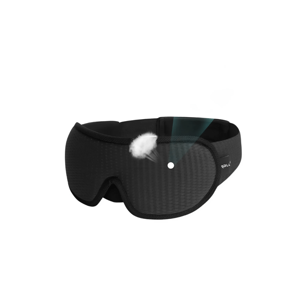 Sort trykkfri søvnmaske med ergonomisk design, som blokkerer 100 % lys for bedre søvnkomfort.