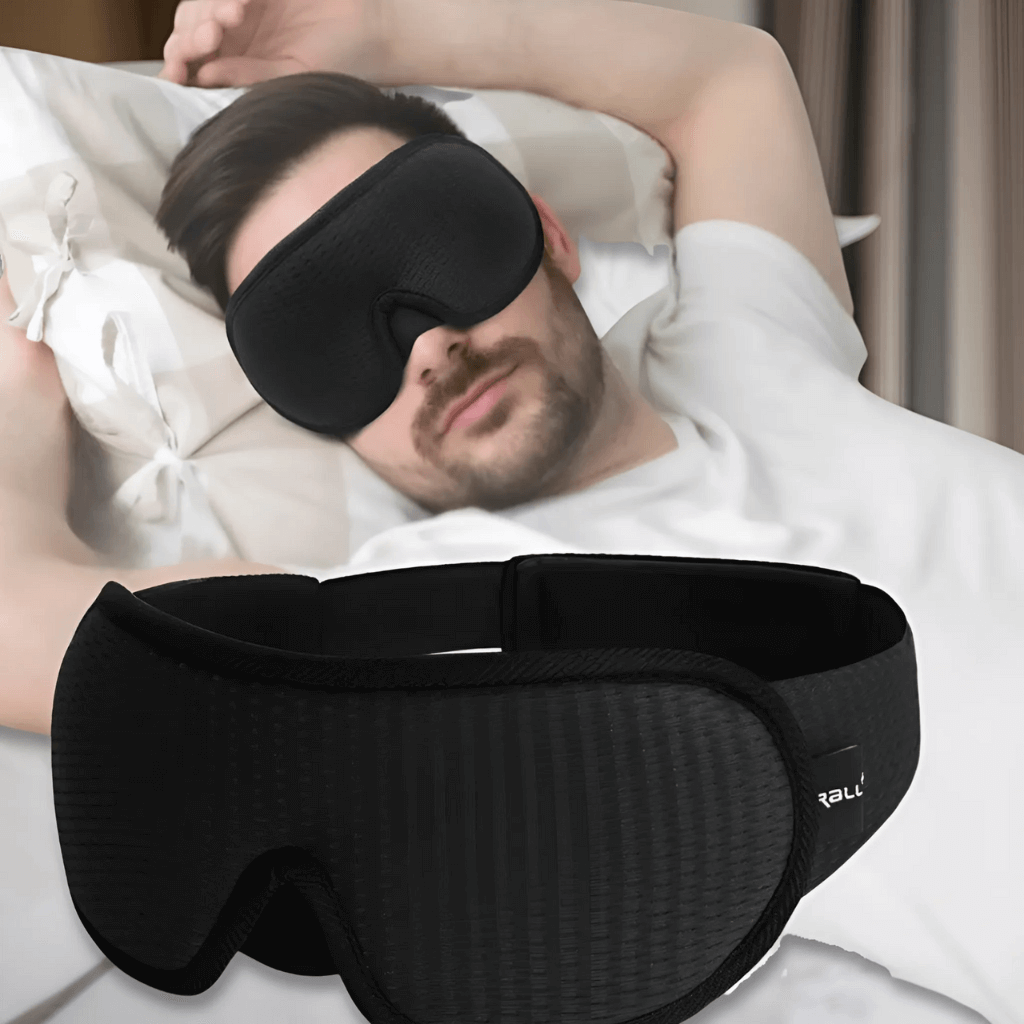 Sort trykkfri søvnmaske med ergonomisk design, som blokkerer 100 % lys for bedre søvnkomfort.
