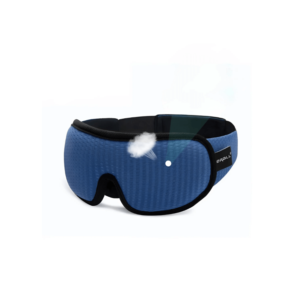 Sort trykkfri søvnmaske med ergonomisk design, som blokkerer 100 % lys for bedre søvnkomfort.