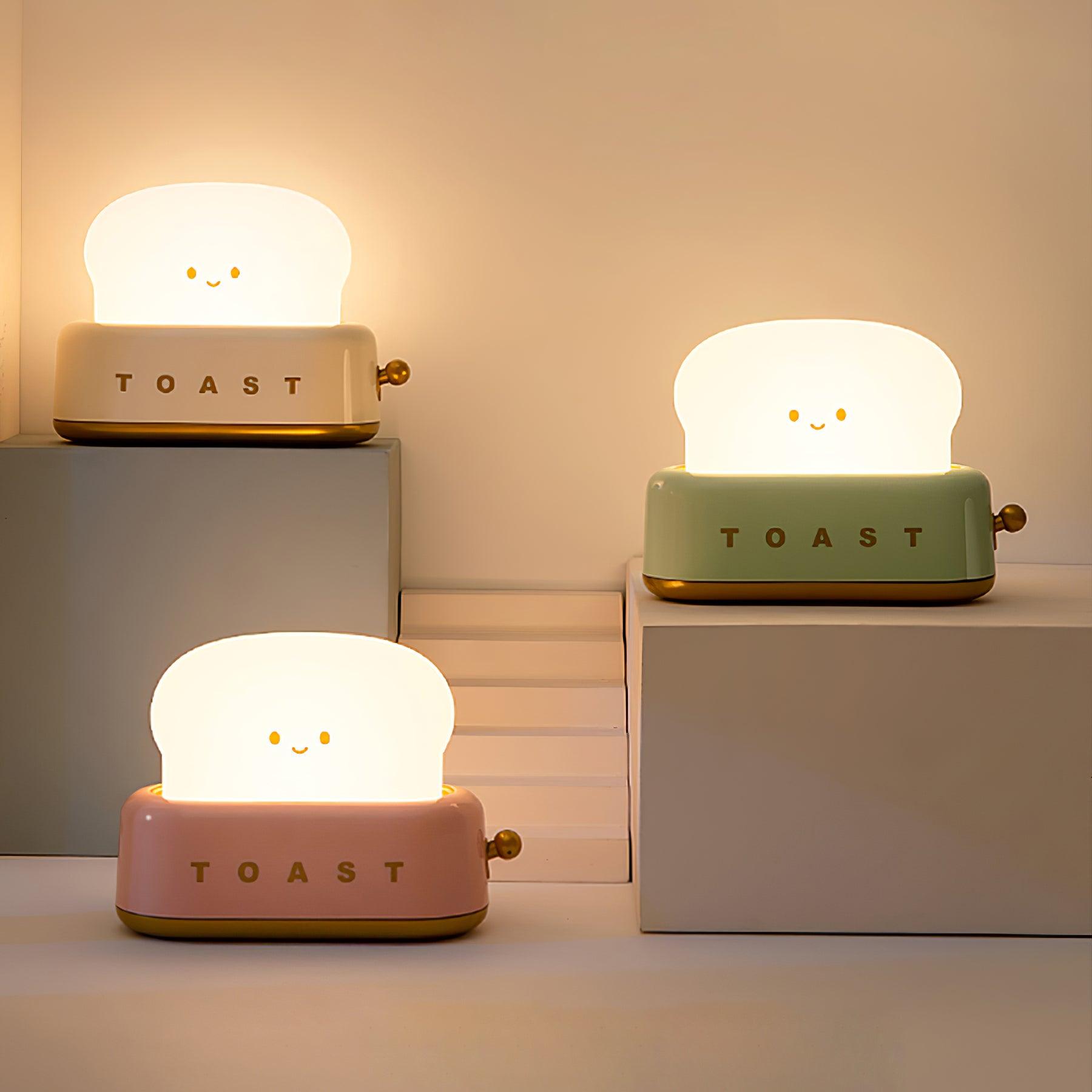 "Søt bordlampe i brødristerform, trådløs, oppladbar, i metalliakryl, justerbar lysstyrke, grønn, mandelgul, rosa."