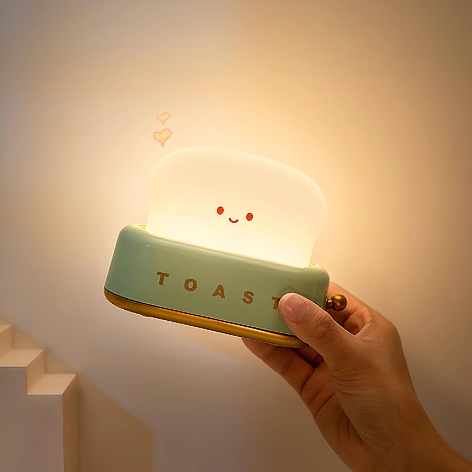 "Søt bordlampe i brødristerform, trådløs, oppladbar, i metalliakryl, justerbar lysstyrke, grønn, mandelgul, rosa."