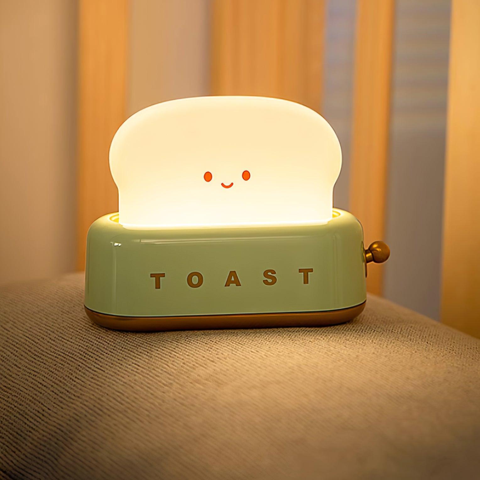 "Søt bordlampe i brødristerform, trådløs, oppladbar, i metalliakryl, justerbar lysstyrke, grønn, mandelgul, rosa."
