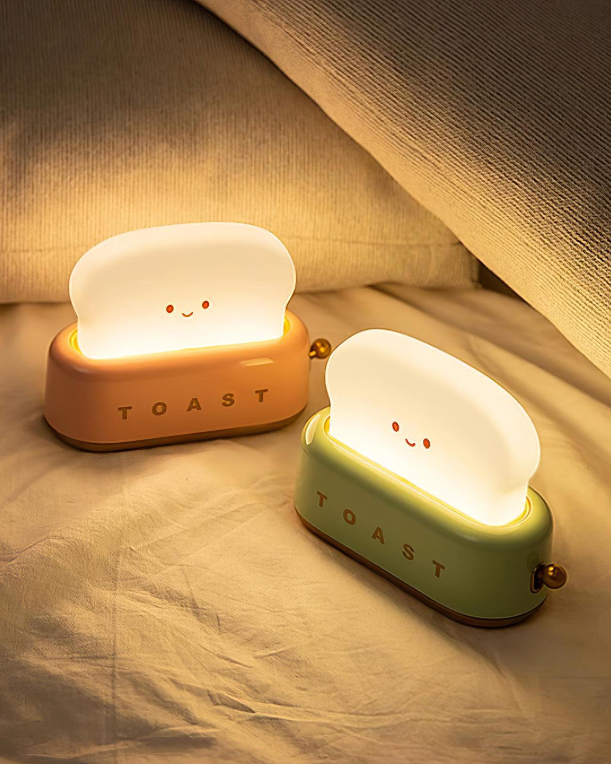 "Søt bordlampe i brødristerform, trådløs, oppladbar, i metalliakryl, justerbar lysstyrke, grønn, mandelgul, rosa."
