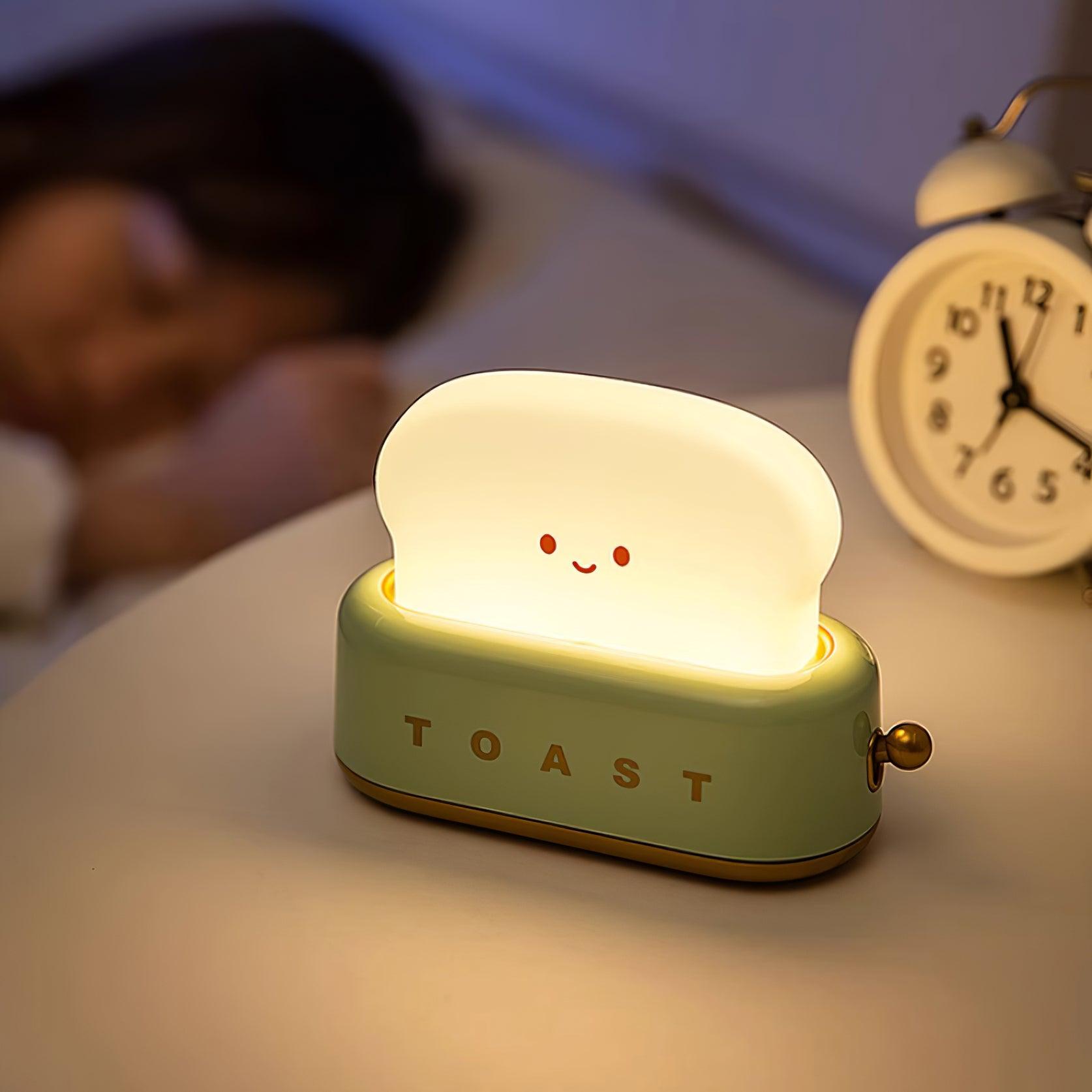 "Søt bordlampe i brødristerform, trådløs, oppladbar, i metalliakryl, justerbar lysstyrke, grønn, mandelgul, rosa."