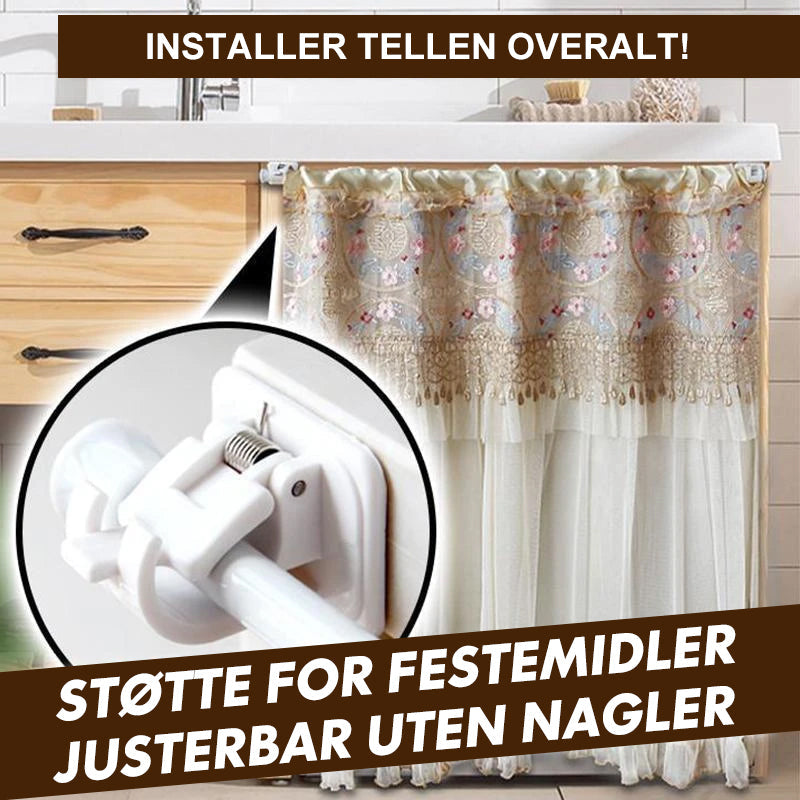 "Spikerfri justerbar stangbrakett for gardiner, hvit plast, selvheftende, enkel installasjon uten veggskader, bærevekt 2 kg."