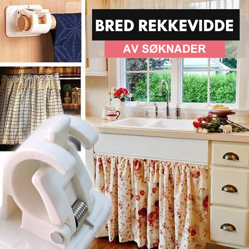 "Spikerfri justerbar stangbrakett for gardiner, hvit plast, selvheftende, enkel installasjon uten veggskader, bærevekt 2 kg."