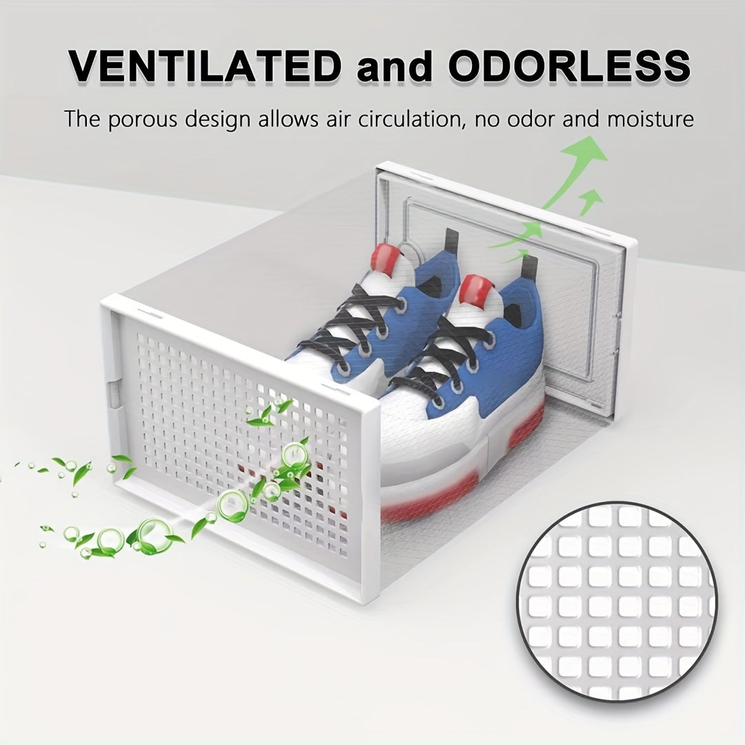 Ryddig hjemmeorganisering med stabelbare skoesker med ventilasjon. Effektiv skolagring for garderobe og entré.