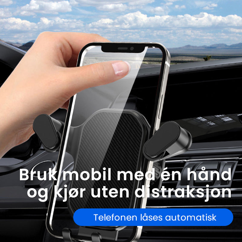 "Stabil telefonholder med krokfeste for bil, trekantet design og 360° rotasjon, sikrer mobilens plass under kjøretur."