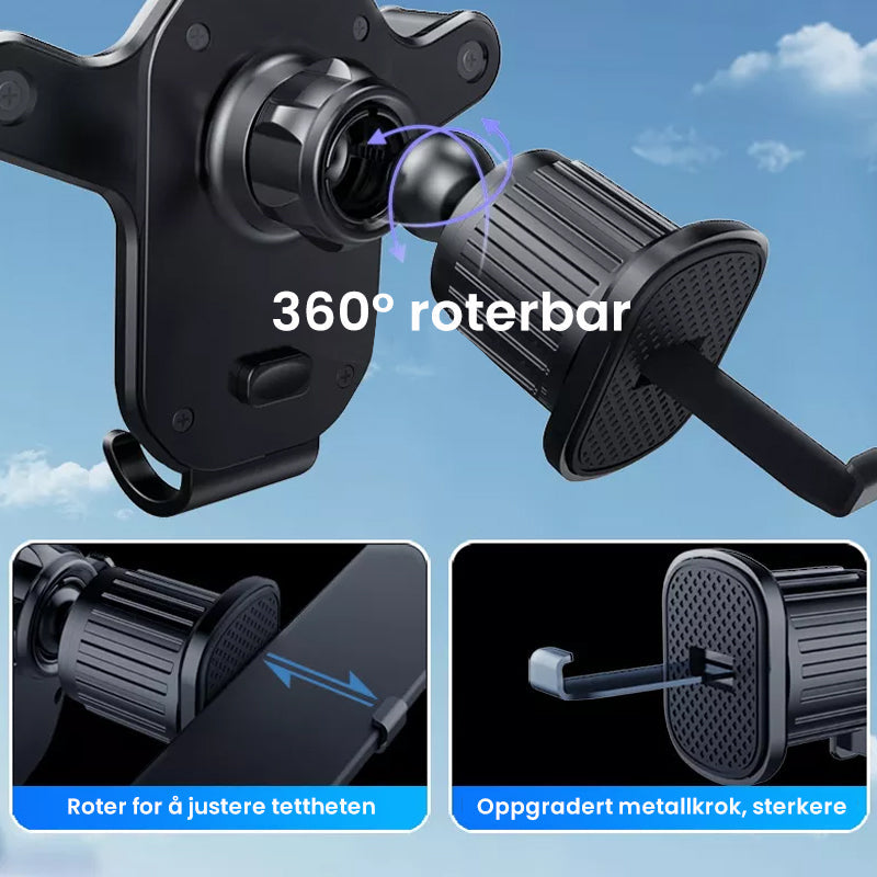 "Stabil telefonholder med krokfeste for bil, trekantet design og 360° rotasjon, sikrer mobilens plass under kjøretur."