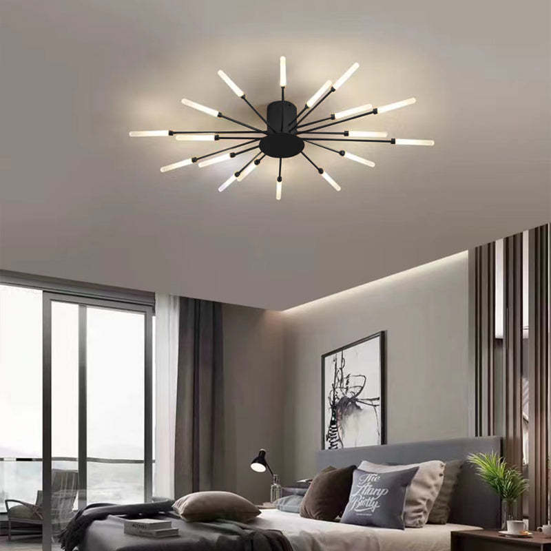 "Stilfull metallisk taklampe med LED-lys og fyrverkerimønster, tilgjengelig i gull og svart, for moderne hjem."
