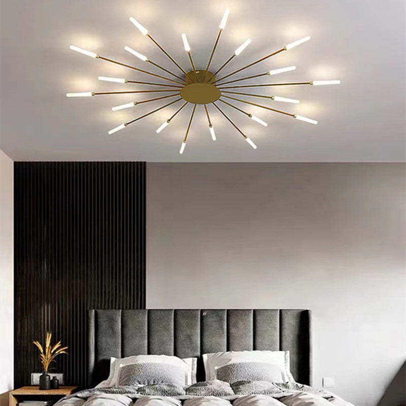 "Stilfull metallisk taklampe med LED-lys og fyrverkerimønster, tilgjengelig i gull og svart, for moderne hjem."