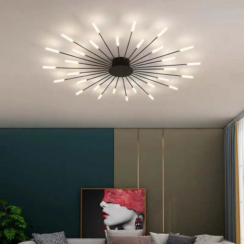 "Stilfull metallisk taklampe med LED-lys og fyrverkerimønster, tilgjengelig i gull og svart, for moderne hjem."
