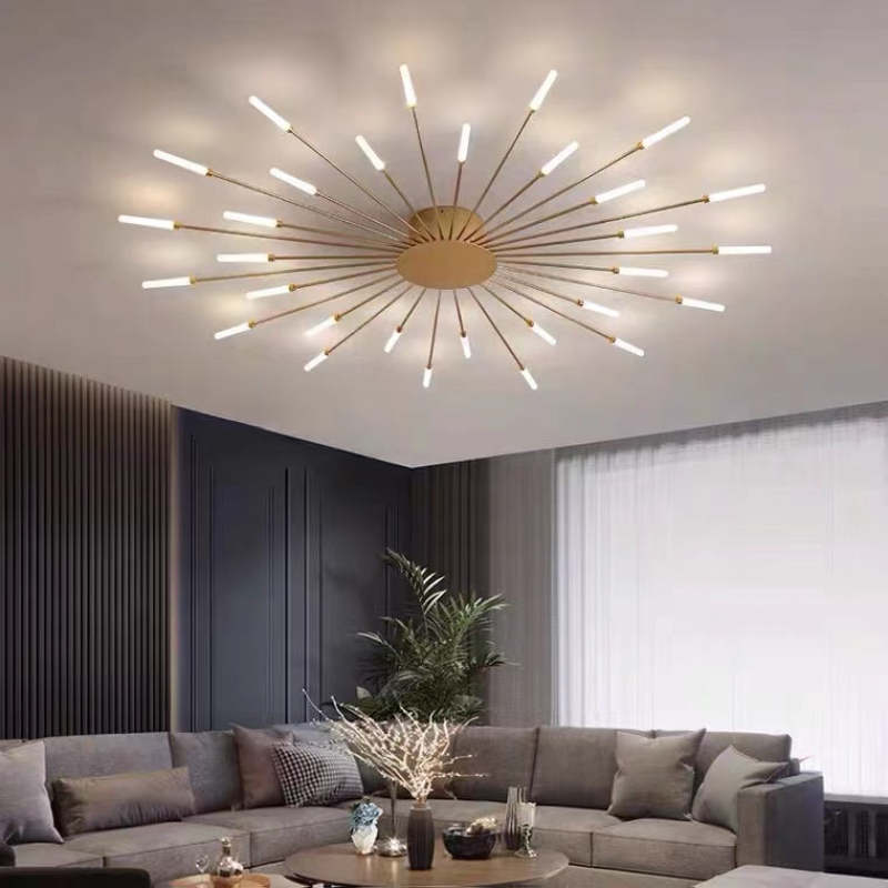 "Stilfull metallisk taklampe med LED-lys og fyrverkerimønster, tilgjengelig i gull og svart, for moderne hjem."