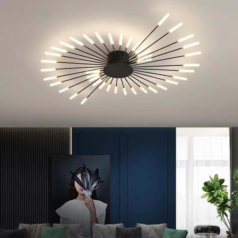 "Stilfull metallisk taklampe med LED-lys og fyrverkerimønster, tilgjengelig i gull og svart, for moderne hjem."