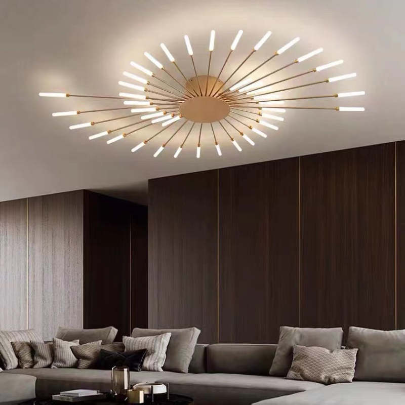 "Stilfull metallisk taklampe med LED-lys og fyrverkerimønster, tilgjengelig i gull og svart, for moderne hjem."