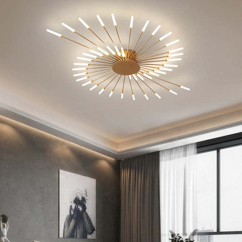 "Stilfull metallisk taklampe med LED-lys og fyrverkerimønster, tilgjengelig i gull og svart, for moderne hjem."