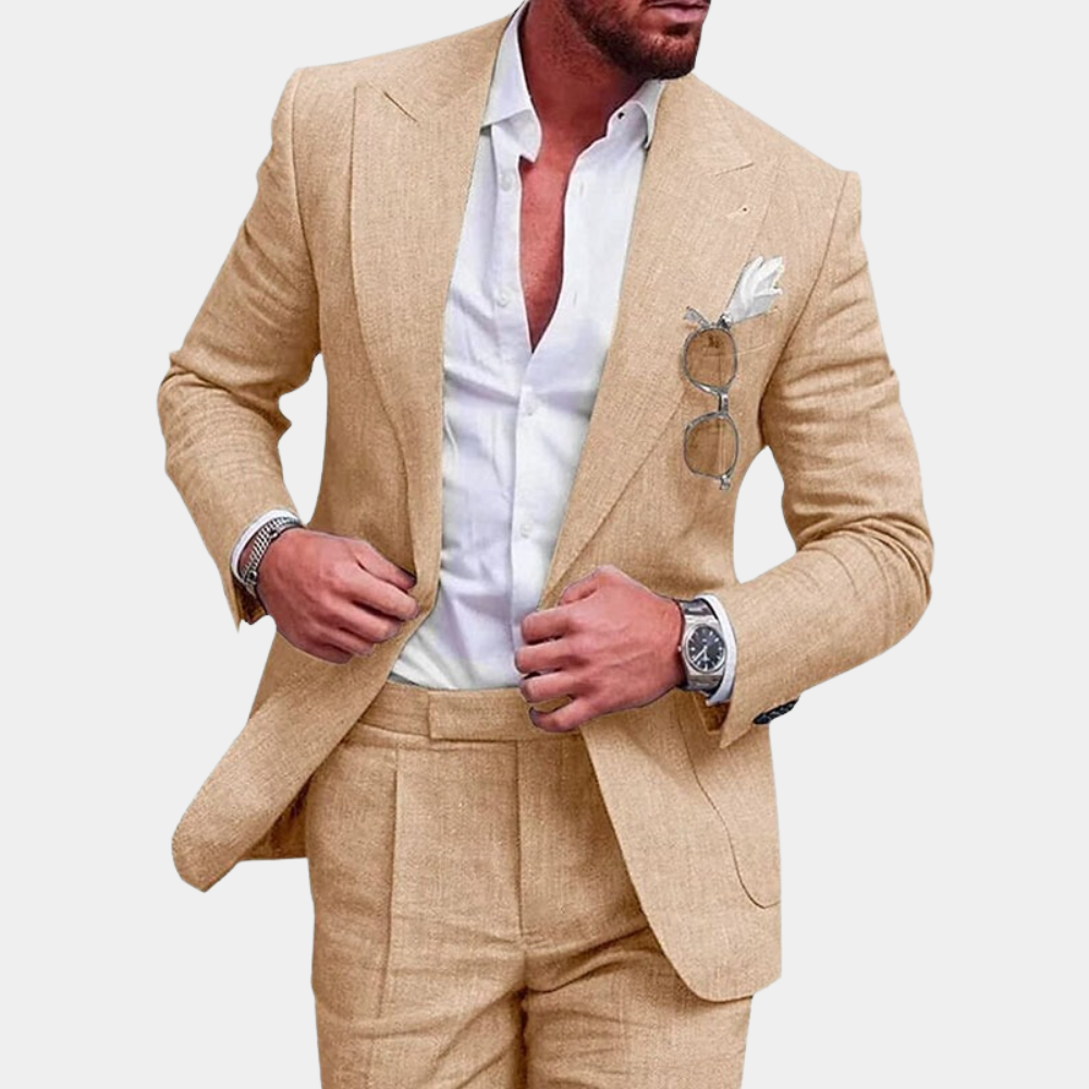 "Stilig 2-delt herresett med elegant blazer og matchende pantalon, perfekt for både formelle og uformelle anledninger."