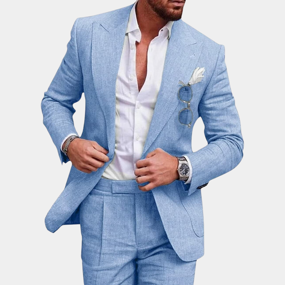 "Stilig 2-delt herresett med elegant blazer og matchende pantalon, perfekt for både formelle og uformelle anledninger."