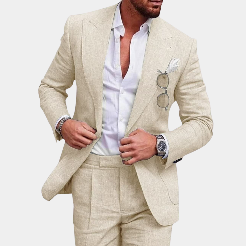 "Stilig 2-delt herresett med elegant blazer og matchende pantalon, perfekt for både formelle og uformelle anledninger."
