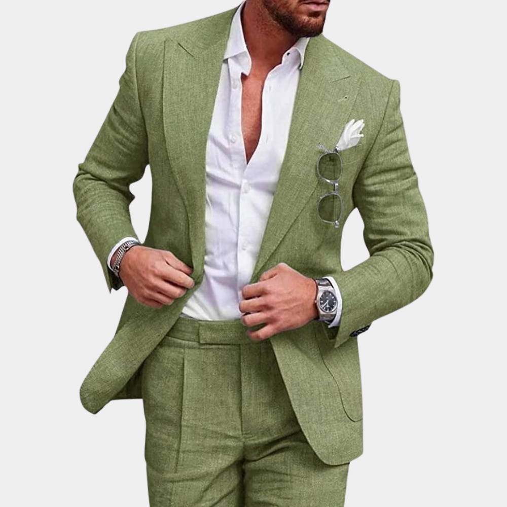 "Stilig 2-delt herresett med elegant blazer og matchende pantalon, perfekt for både formelle og uformelle anledninger."